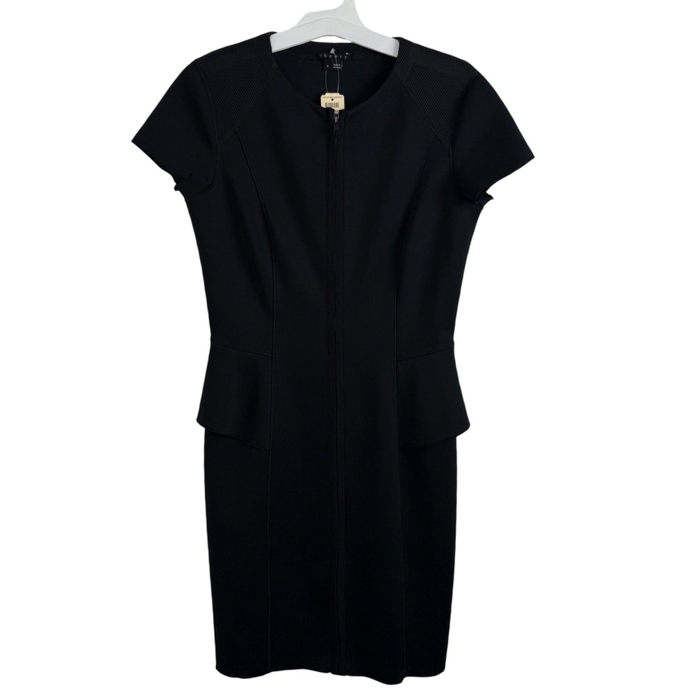 NWT Theory Tenna Black Peplum Sheath Dress Size 4 Zip Short Sleeve Work Career
